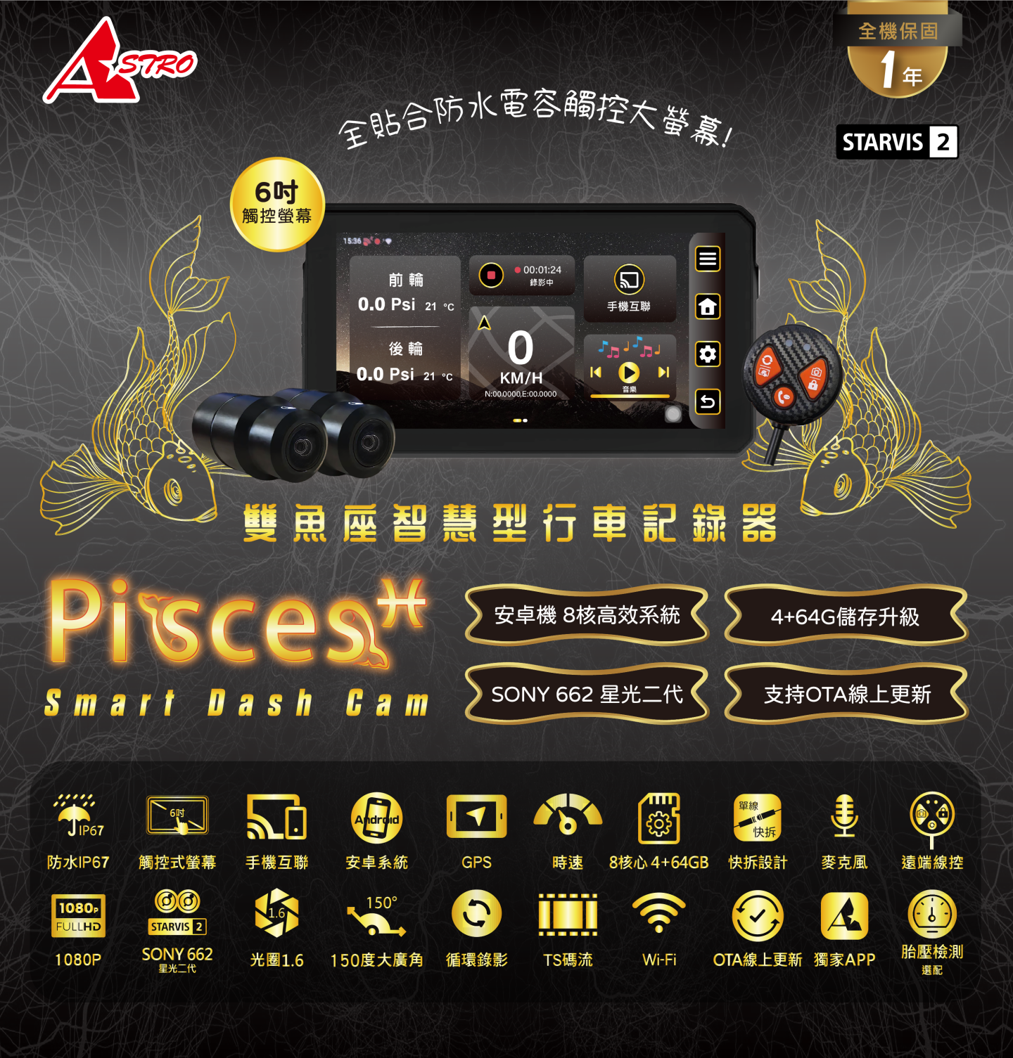 ASTRO 星易科技 Pisces 雙魚座｜Android 14 前後雙鏡頭多功能行車記錄器