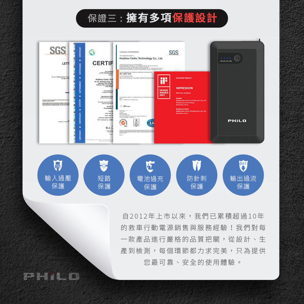 【Philo 飛樂】純黑潮酷款 8000mAh汽油版救車行動電源｜PQC-8000SE
