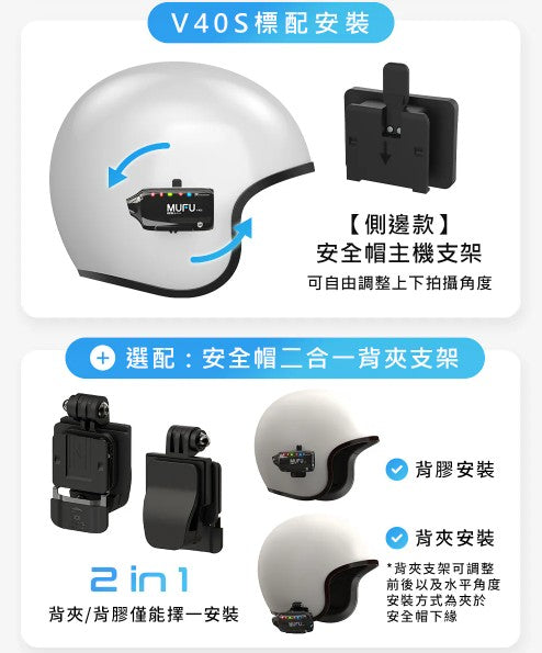 MUFU V40S 極光機 安全帽側邊款｜前後雙鏡頭 1440P、8小時續航機車行車記錄器（贈64G+保護貼+拭鏡布）