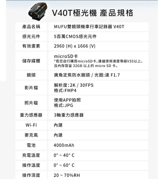 MUFU V40T 極光機 安全帽行車記錄器【贈64G+保護貼+拭鏡布】前後雙鏡頭 1440P 8小時續航 IP66防水