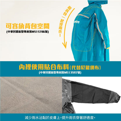 奧德蒙OutPerform 【背包款】去去雨水走PIUS斜開雙拉鍊專利連身式雨衣